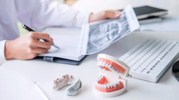Dentist reviewing patient records at desk with dental models and computer visible.