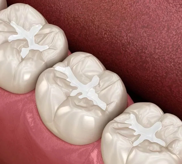 Three dental crowns displayed on pink background showing occlusal surfaces and restoration details.
