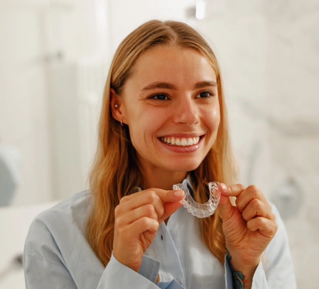 Young woman smiling while holding clear dental aligners in bright dental office setting.