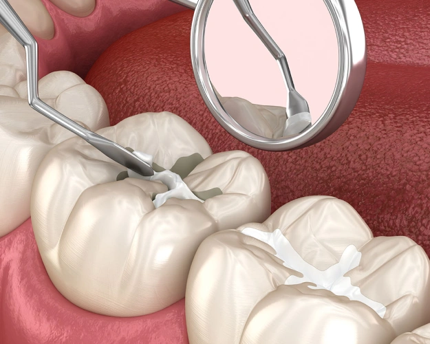 Dental model showing tooth restoration procedure with mirror and instruments in clinical setting.