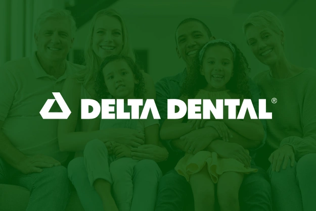 Delta Dental logo with dental team members smiling in background, green branded overlay